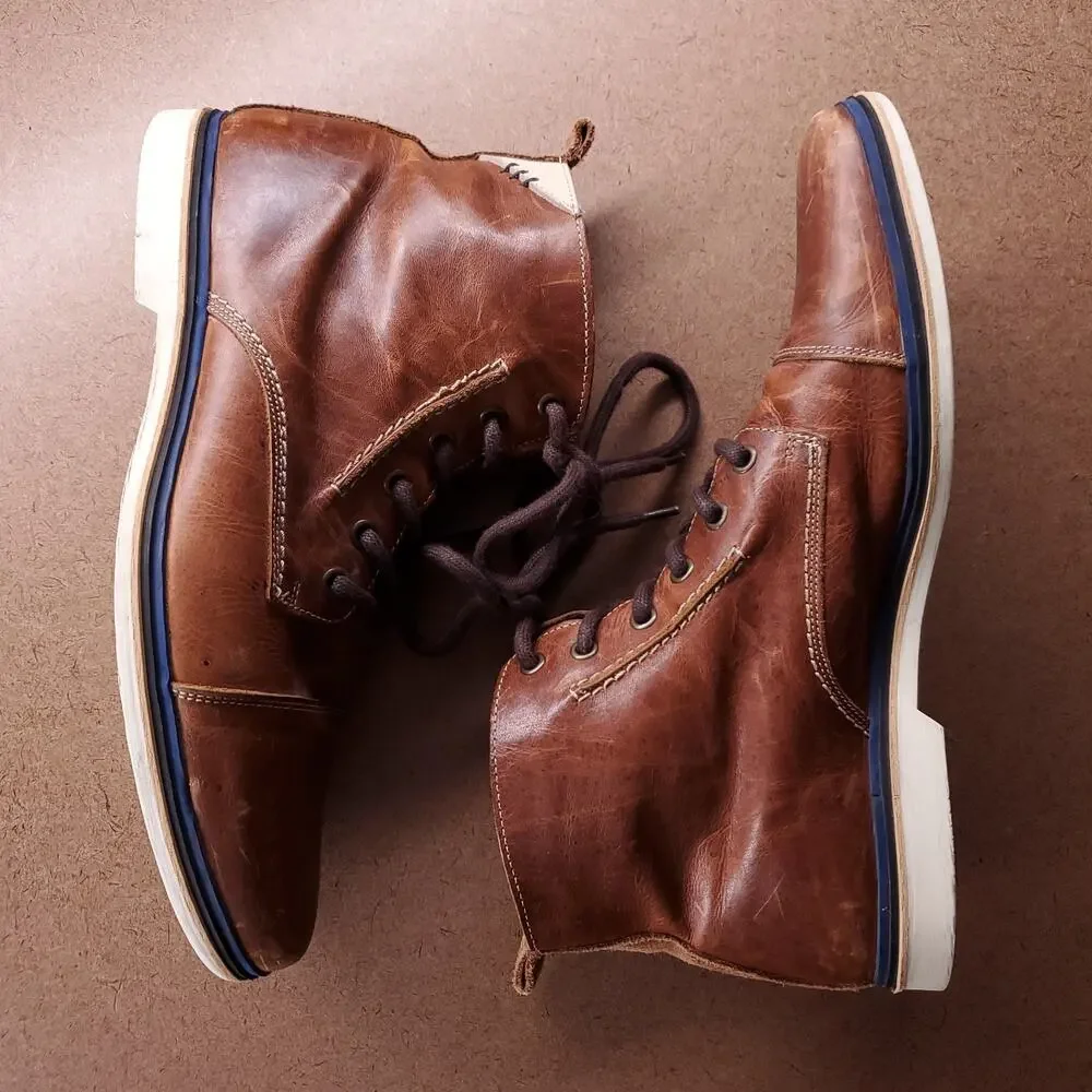 ALDO Leather Ankle Boots Men 9 Brown Cap Toe White Sole Lace Up Gorpcore